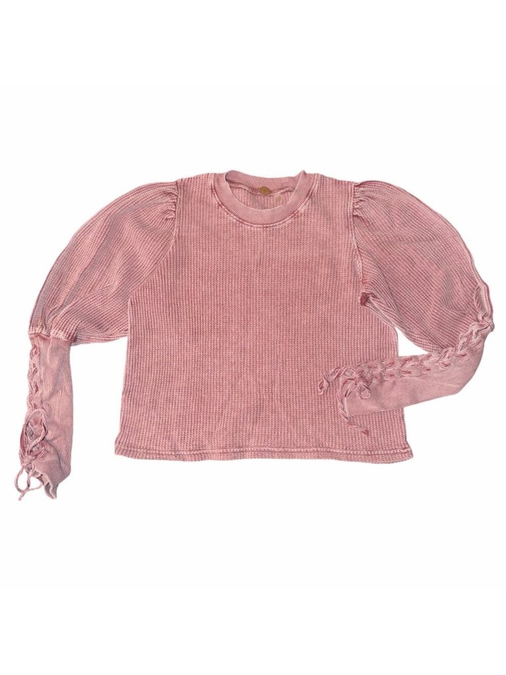 Free People Tasha Thermal Top Pink Waffle Knit Puff Sleeve Size XS FP One Boho